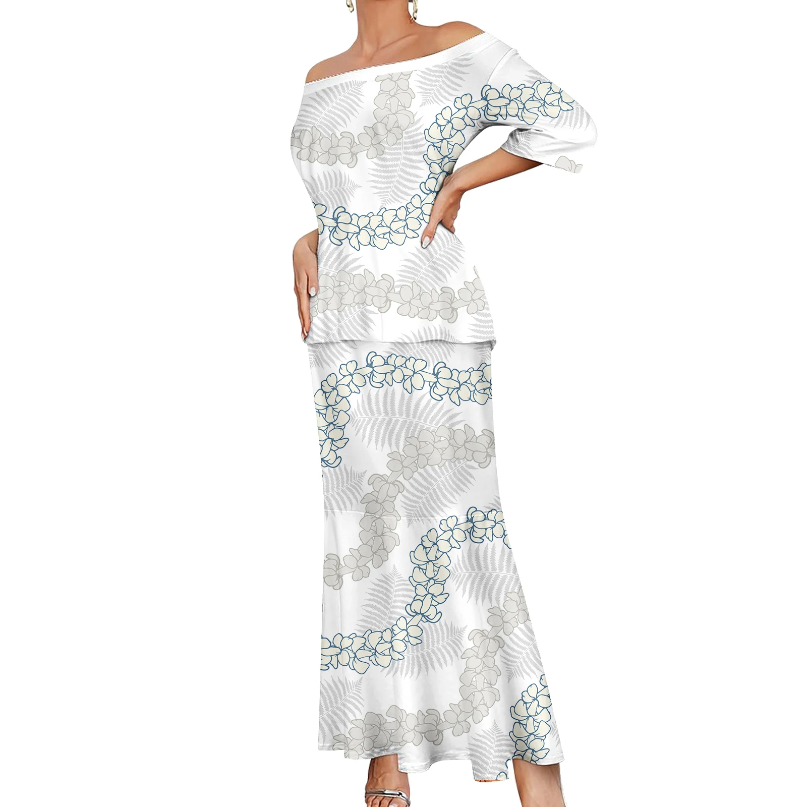 

Ladies Island White Puletasi Samoa Print Long Mermaid Dress Women Custom Polynesian Pattern Two Piece Skirt Set