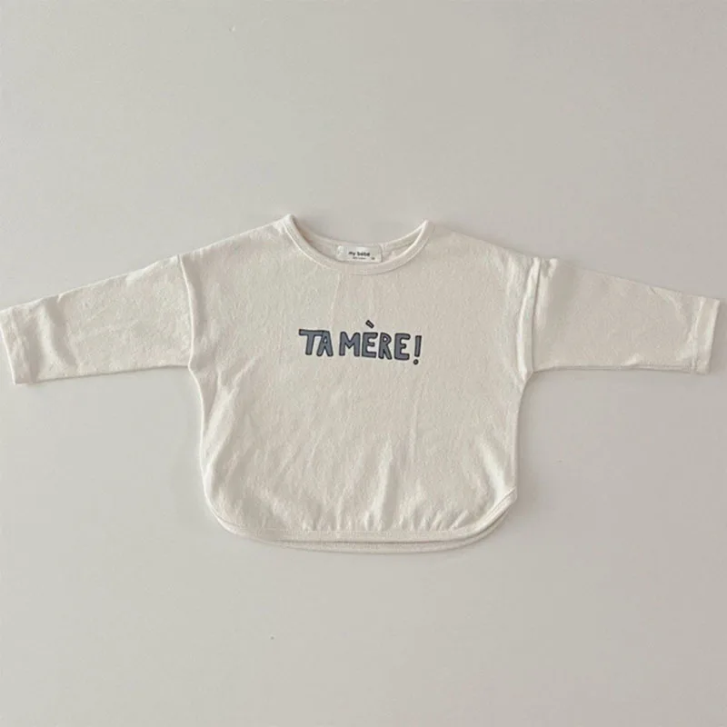 Kids Casual Loose Long Sleeves T-shir Baby Girls Solid Letter Tops Boys Simple Cotton Bottoming Shirt Infant New O-neck Tees