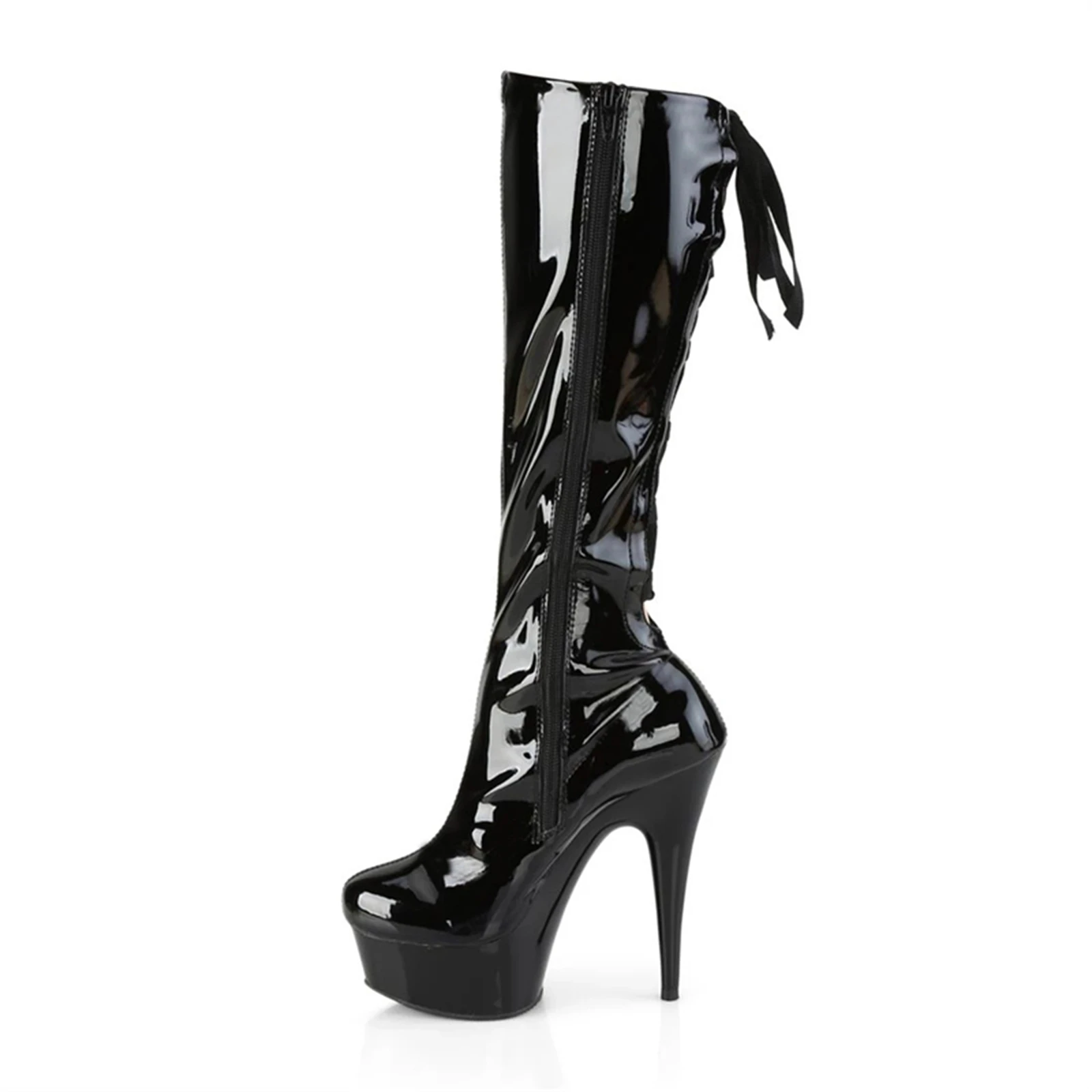 15CM Cut-Out Back Thigh Boots Black, Patent Leather Lace-Up Platform Heels with Fishbone Design & Chunky Sole, Edgy Statement Sh