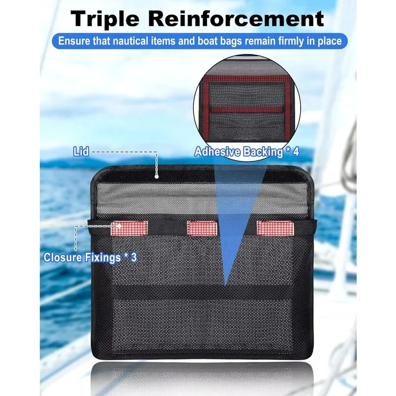 Boats Marine Mesh Bag Strong Adhesive Boat Storage Fishing Tools Self-adhesive Booat StorageBag with Lid Reflective Leak-Proof