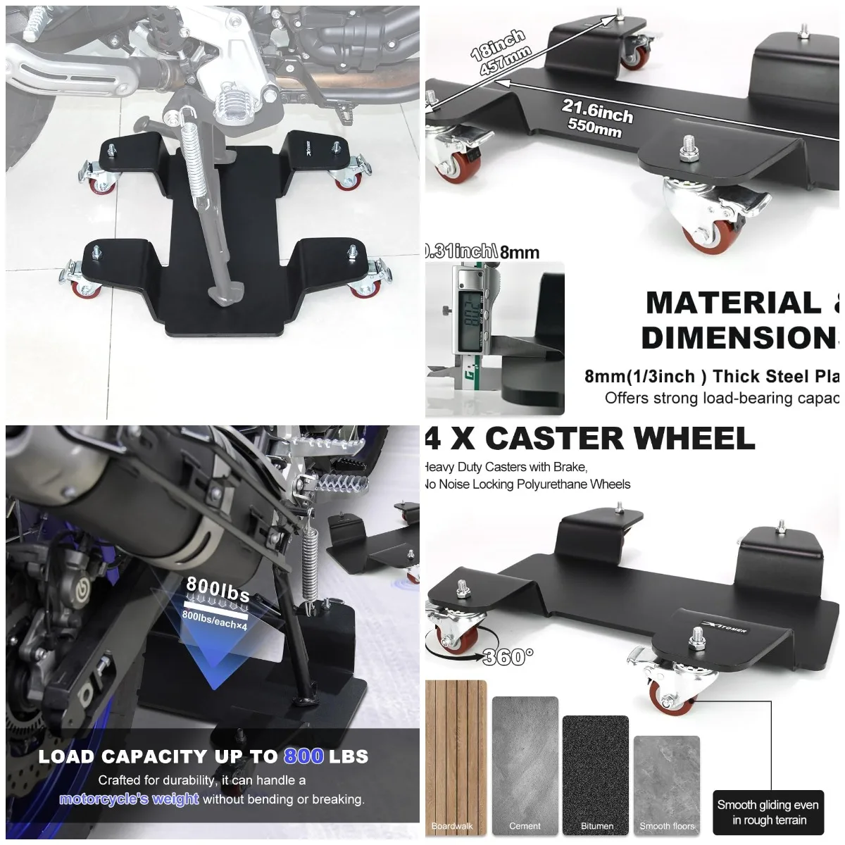 

Motorcycle Center Stand Dolly 800lbs, 360° Castor Heavy-Duty Bike Dolly for Cruisers, Sportbikes & Scooters (8mm)