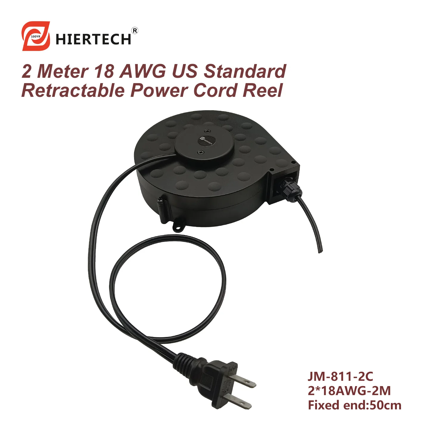 HIERTECH 2M 18AWG US Standard Self‑locking Power Cord Reel 50cm Fixed‑End 10000 Stretching Cycles