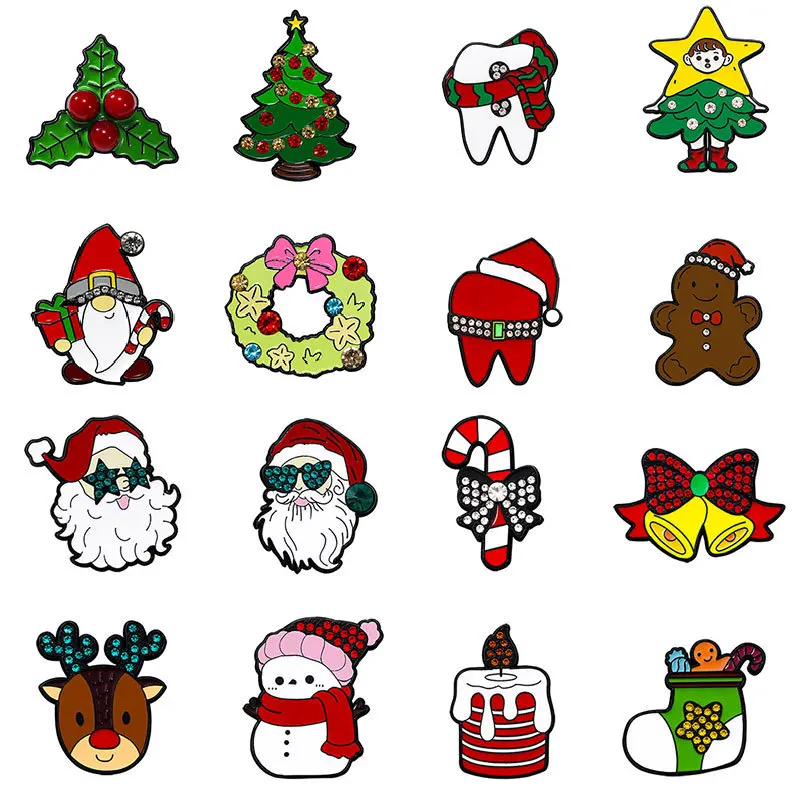 New Christmas Cartoon Brooch Cute Santa Claus Christmas Tree Elk Rhinestone Alloy Badges Pins DIY Clothing Bags Hat Accessories