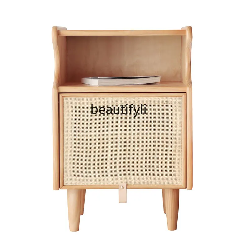 Japanese-StyleCreative BedsideTable Bed & Breakfast Solid Wood Rattan Bedside Cabinet Small Apartment Storage Cabinet with Light