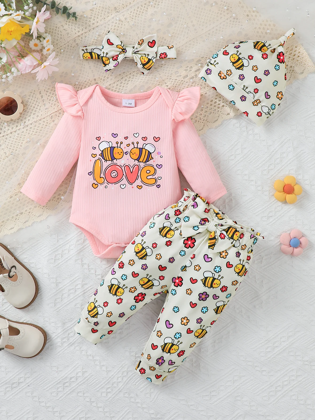 Baby Girl Outfit Set: Fashionable Patterned Romper Top + Pants + Headband + Hat Four-Piece Suit for Spring Autumn Casual Wear