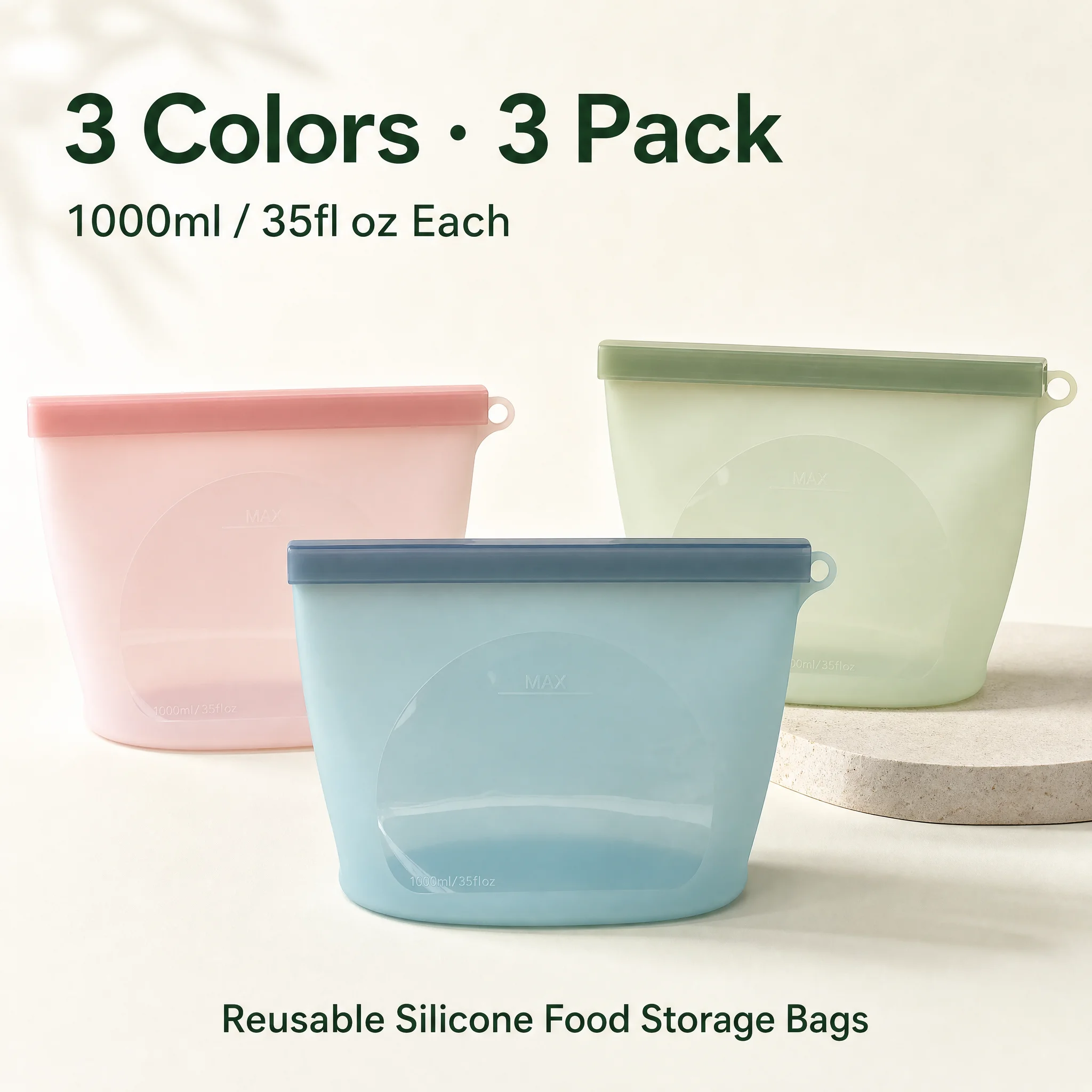 3 Pack 1000ml Reusable Silicone Food Storage Bags Leakproof Stand Up Freezer Microwave Dishwasher Safe BPA Free