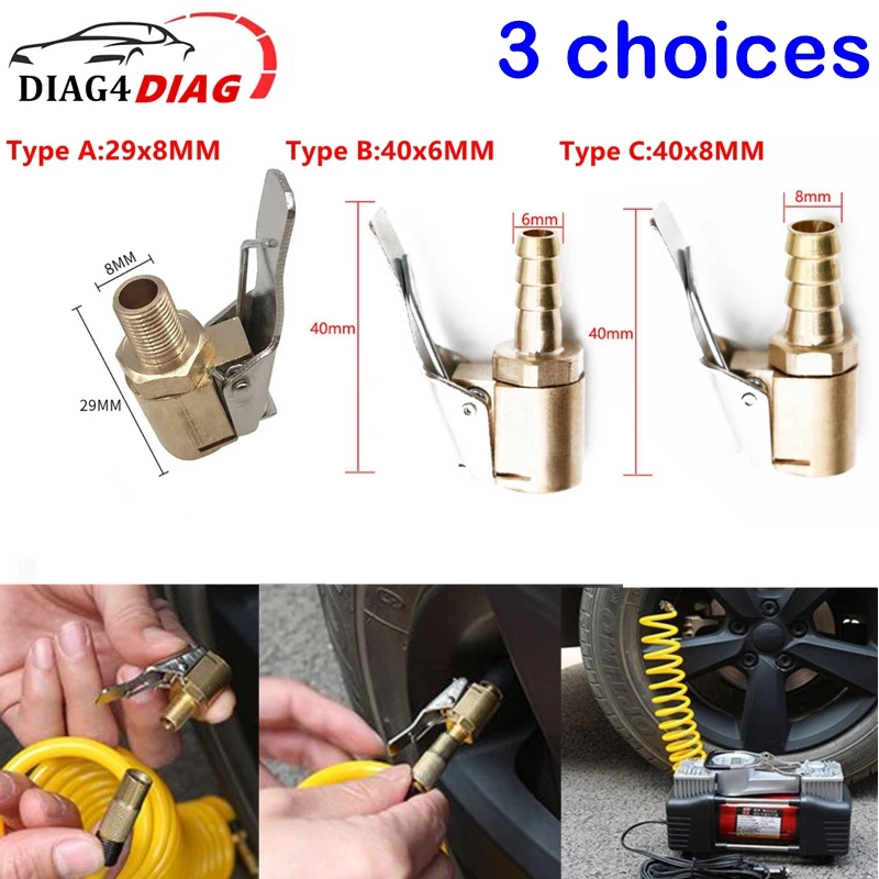 Car Brass 8mm 6mm Connector Adapter Car Accessories Tyre Wheel Tire Air Chuck Inflator Pump Valve Clip Clamp Clip Type Nozzle