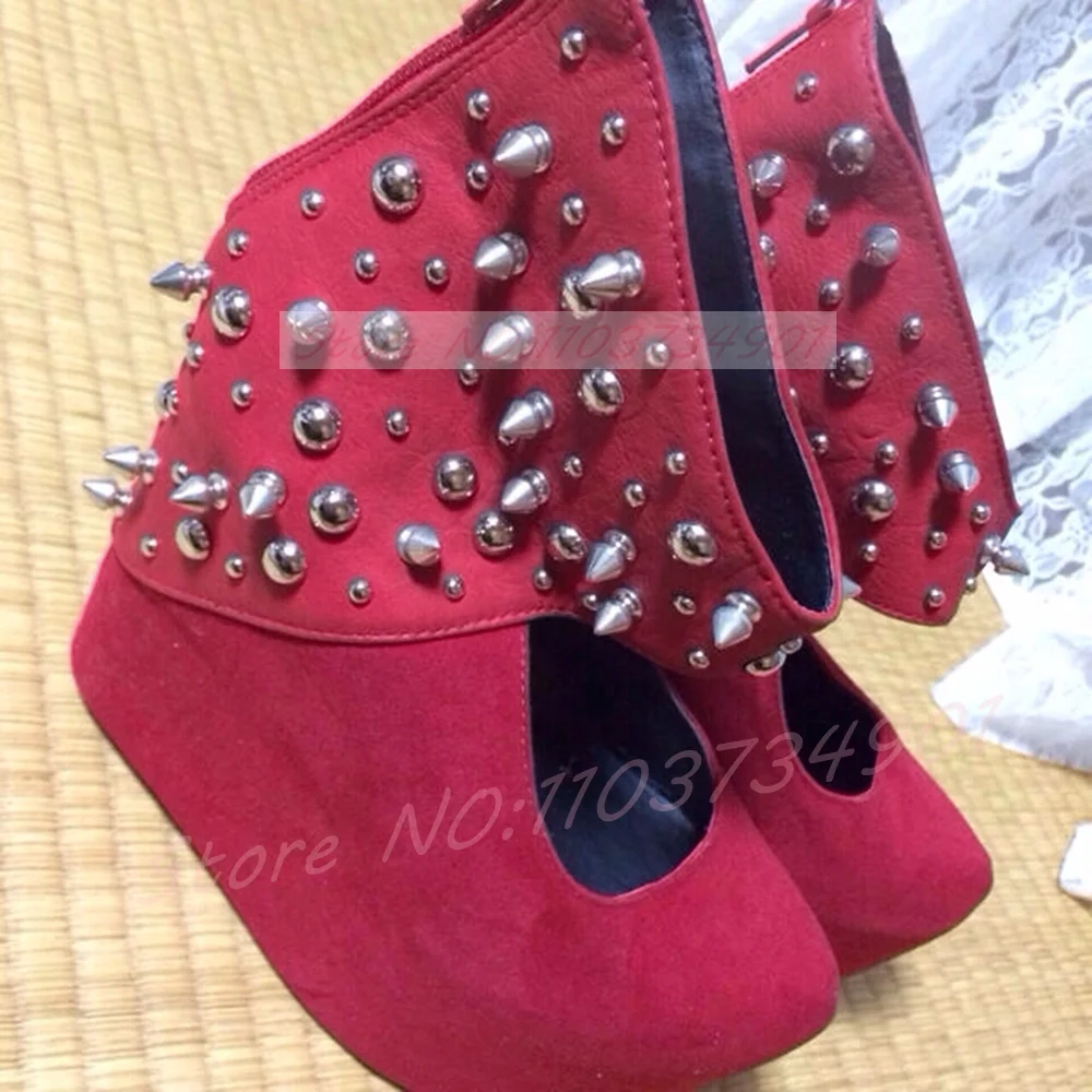 Silver Spikes Dome Hollow-out Elevator Shoes Women Red Flock Round Toe Platform Boots Cute Girls Gothic Punk Solid Footwear