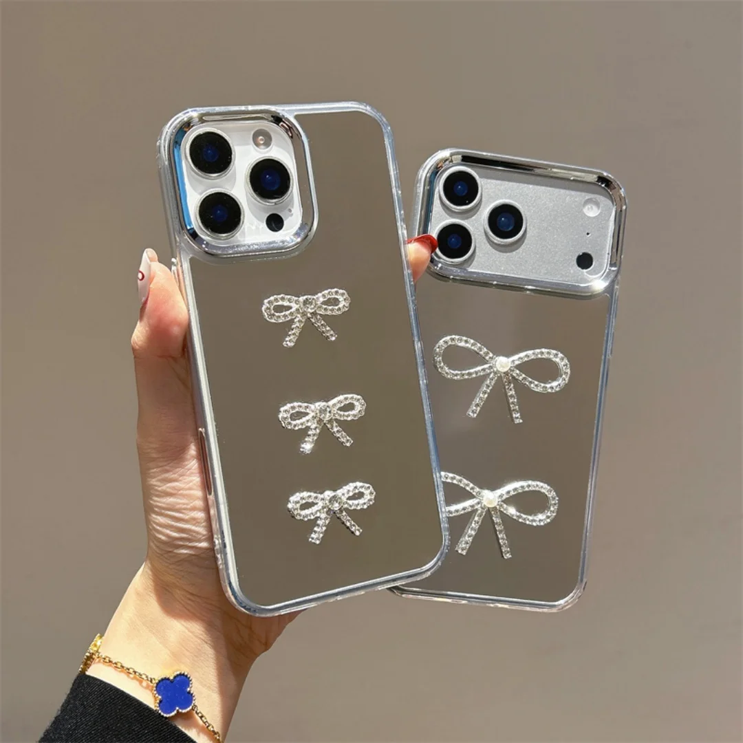 

Cute Diamond Bowknot Case For iPhone 16 Pro Funda iPhone 14 15 13 11 12 17 Pro Max Plus Make Up Mirror Back Shockproof Cover﻿﻿