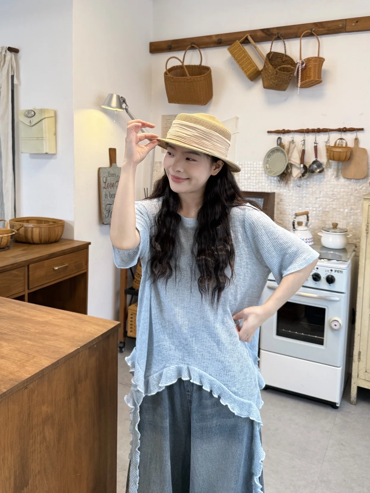 

Kumikumi Irregular Floral Vest Top Women's Summer Short Sleeve T-Shirt Denim Wide Leg Pants Three-Piece Set Fashionable Casua...