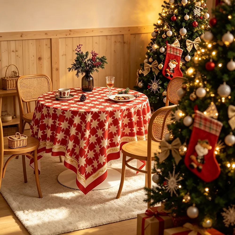 1Pc Red Vintage Nordic Tablecloth, Dust‑proof Stain‑Resistant Table Cover for Home Dining Table Holiday Party Decor