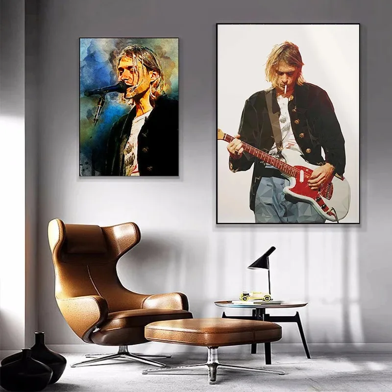 Pop Singer Kurt Cobain Smoking Posters Retro Rock Band Guitar Canvas Painting Print Wall Art Pictures Room Home Club Bar Decor