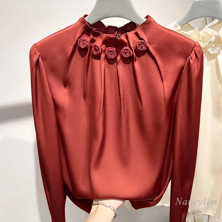 

Stand Collar Pleated Three-Dimensional Flower Solid Color Long Sleeve Chiffon Blouses and Shirts for Women OL Elegant Tops Fall