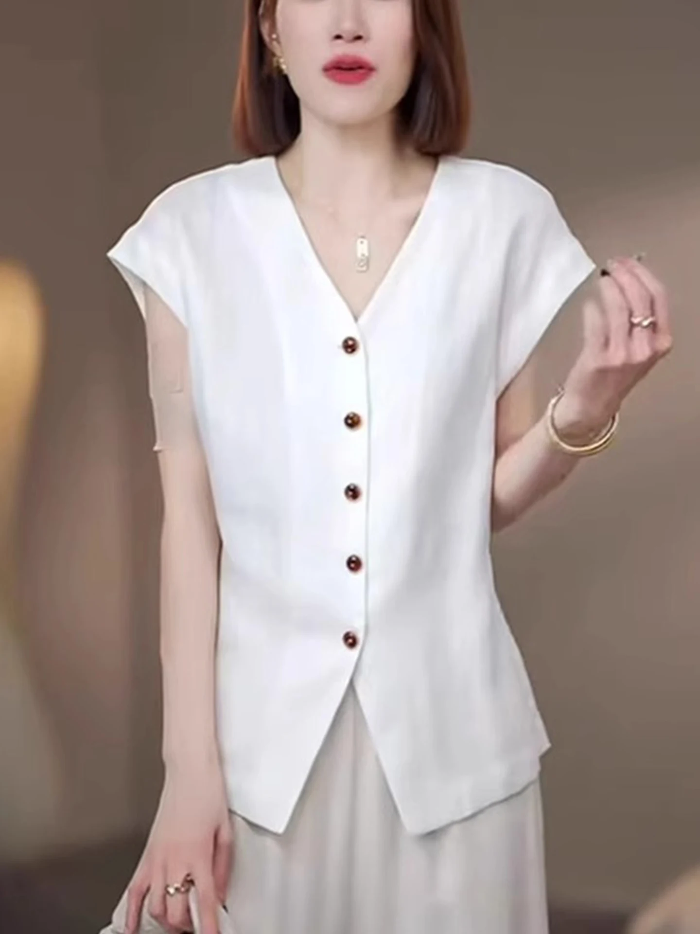 E Csa Casual de Seda para Mujer, Moda de Manga Corta con un Solo Botón, Top de Satén Único y Estiloso para el Veran...