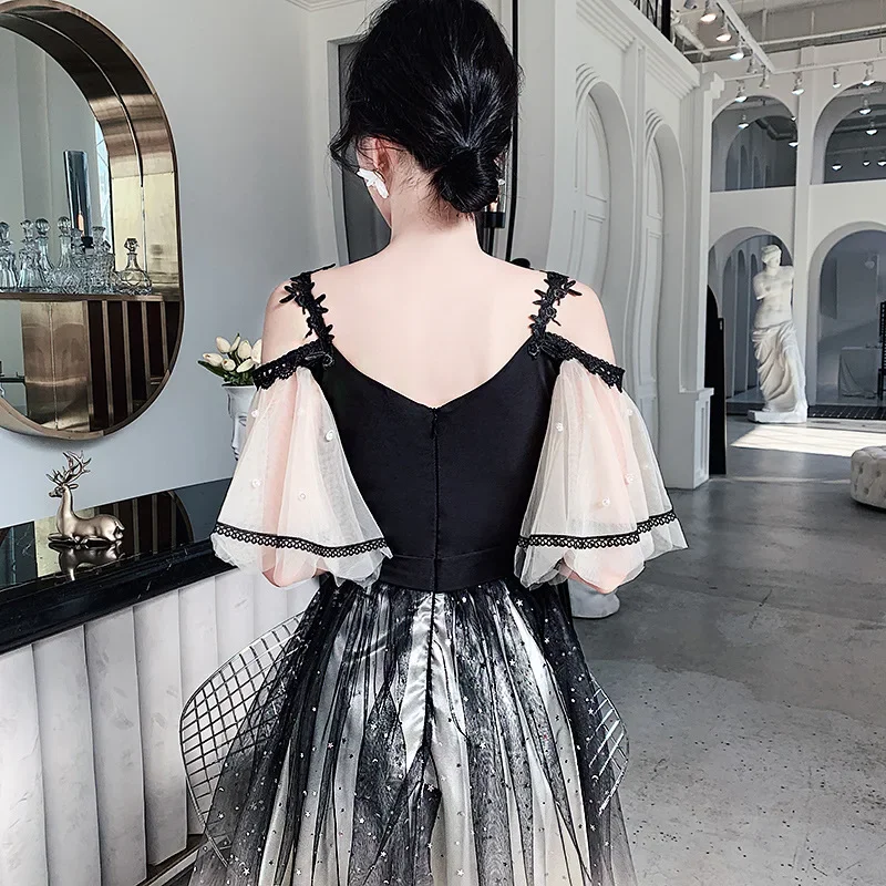 Evening Dresses Boat Neck R262 Elegant Black Gradient Robe De Soiree Spaghetti Strap Sequin Tulle Plus size Women Party Gowns