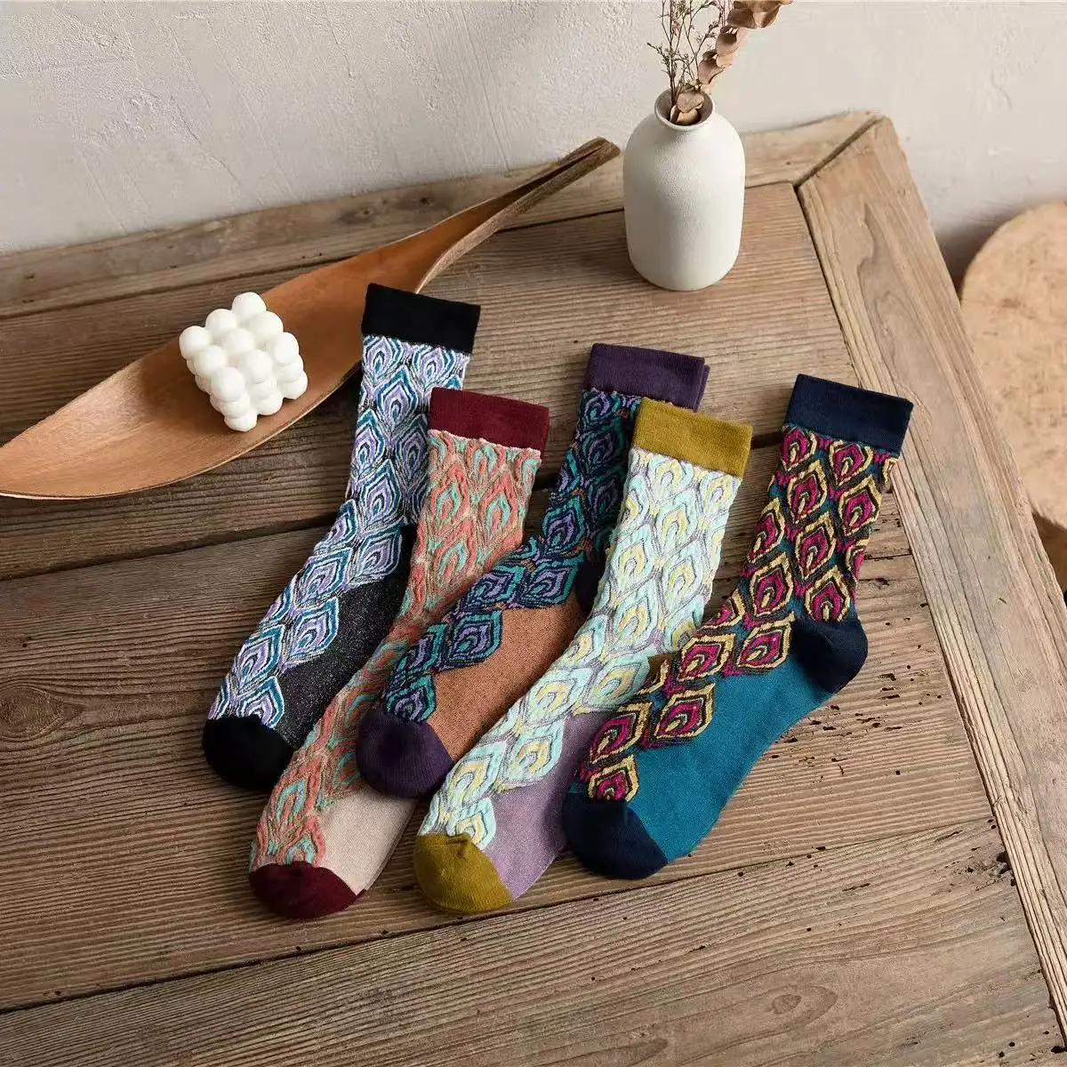 5 Paar Frühlings- und Herbstsocken in mittlerer Wadenlänge mit Pfauenmuster im Retro-Stil, geprägte Baumwollsocken im japanischen Stil