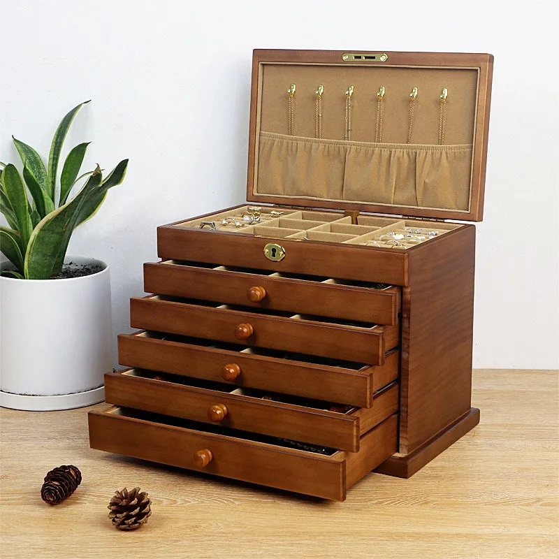 

Wooden Large Jewelry Box with Drawers Luxury Jewelry Box Organizer Retro Style Six Layers Display Rack Gift Packaging Supplies