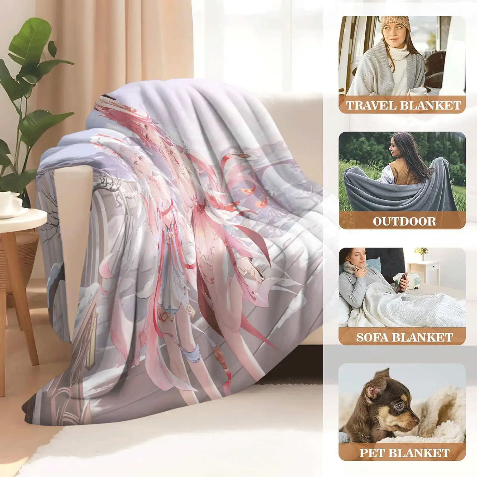 Genshin Impact Yae Miko Soft Flannel Sofa Adult Blanket Portable Office Lunch Break Blanket 3