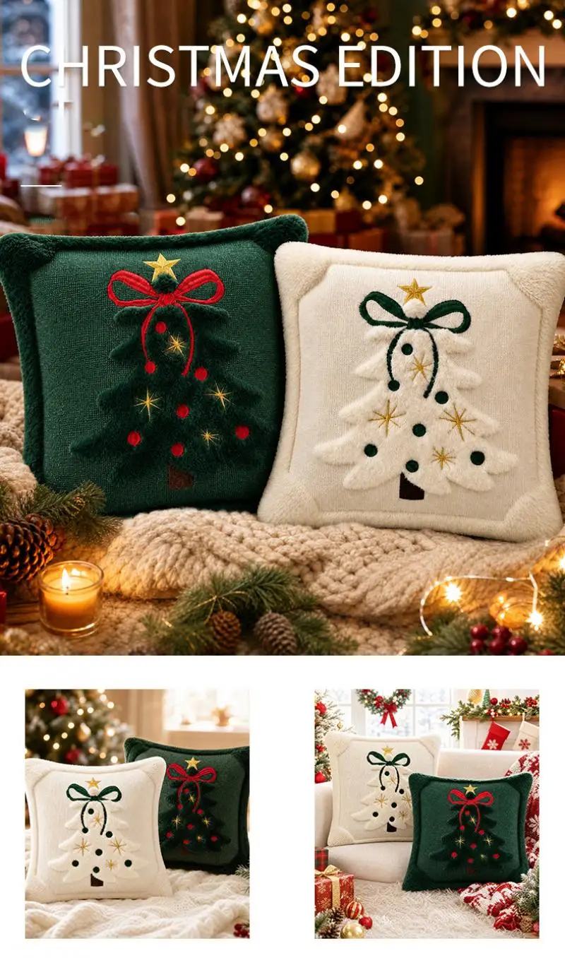 Weihnachts-Kissenbezug Cojines Grün Beige Plüsch Weihnachtsbaum Bestickter Kissenbezug Feiertags-Sofadekoration Kissenbezüge – Detail 4