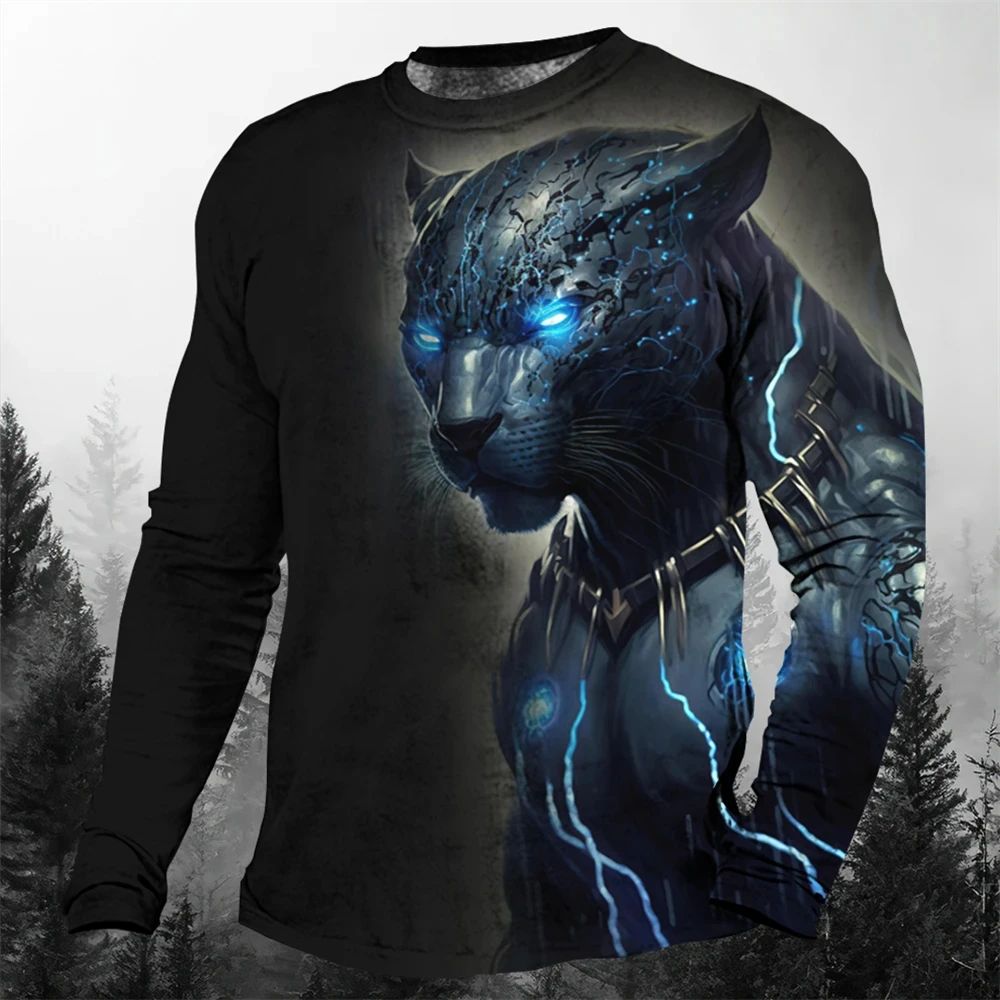 Personalized trendy men\'s round neck long sleeve 3D lightning animal cheetah pattern printed men T-shirt tops daily long sleeve