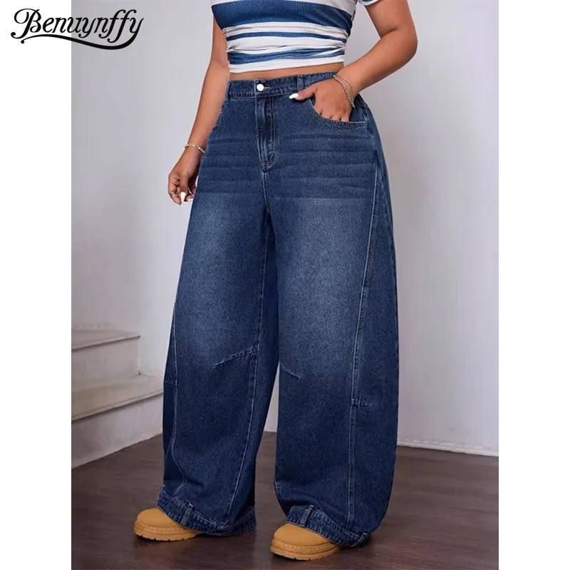 

Benuynffy Plus Size Streetwear Vintage Washed Baggy Jeans Women's Fashion Y2k New Elastic Waist Casual Wide-leg Denim Trousers