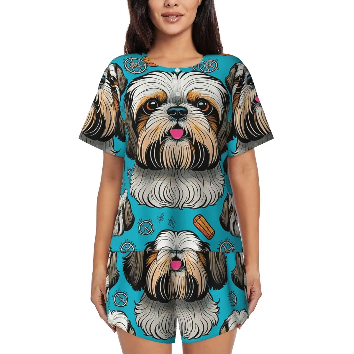

Dog Lover Shih Tzu Crest Round Neck Short Sleeves Nightdress for Sleeping Sleepshirts Women Soft Pajama Set Short Pants
