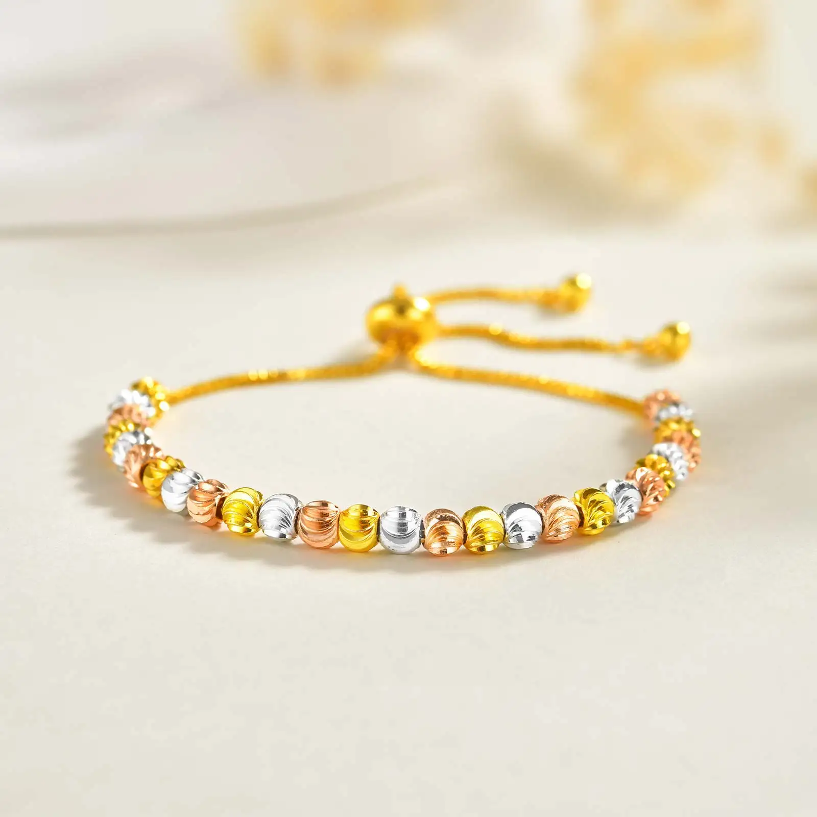 Luxury Tri Color Beaded Bracelet for Women, Gold Plated Adjustable Chain Bracelet, Unique Design Fashion Jewelry