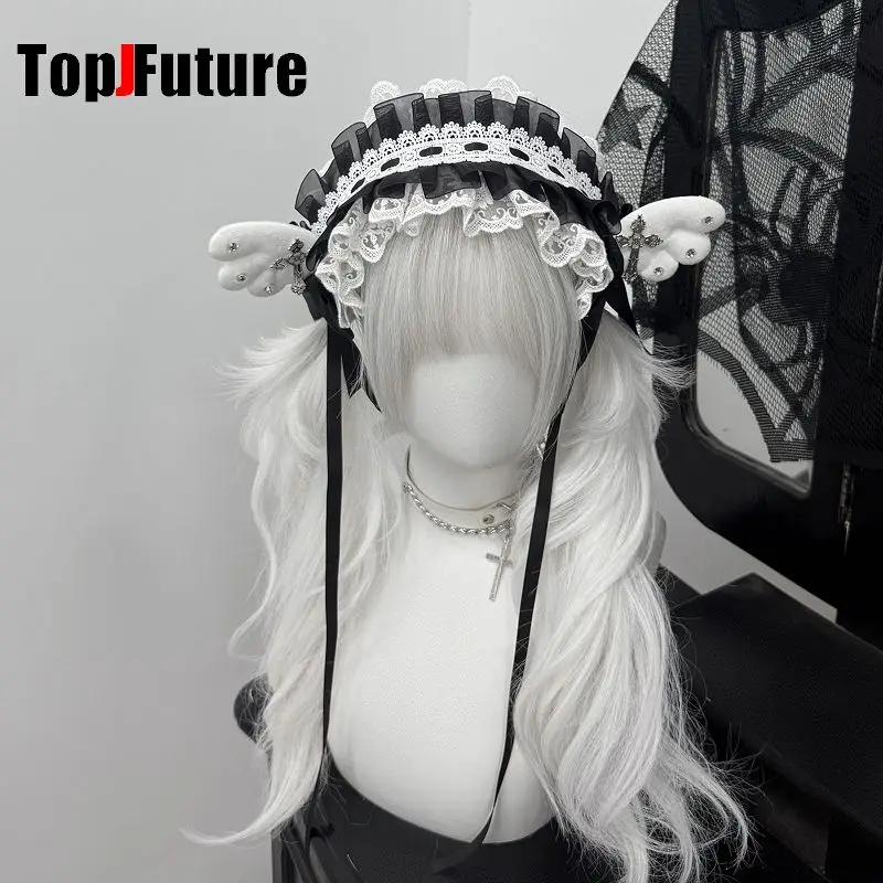 Dark Gothic Lolita Handmade Plush Rabbit Ears Rivet Leather Buckle Headband Subculture Y2K Women's Hair Hoops Hair Accessory