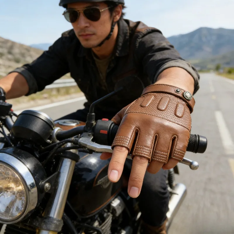 

Мужские винтажные перчатки без пальцев для езды на мотоцикле из натуральной овечьей кожи, для вождения и гонок