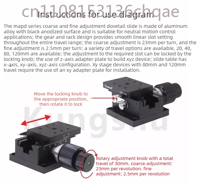 MAPD Series Coarse‑Fine Tuning Dovetail Slide, Linear Positioning Stage 30mm Total Stroke, 23mm Coarse‑Tuning, 2.5mm Fine‑Tuning