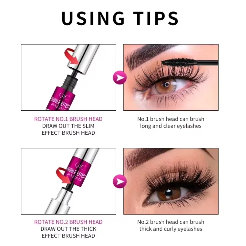 QIC Mascara impermeabile 4D a doppio effetto Arricciatura lunga Ciglia spesse naturali Mascara nero 2 in 1 2 testine