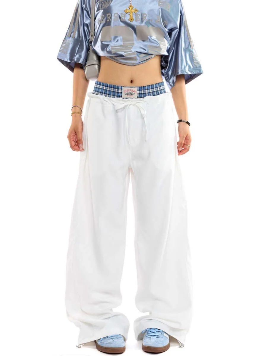 Américain rétro Plaid épissage faux deux pièces pantalons décontractés hommes et femmes rue Hip Hop sport ample Double taille jambe large...