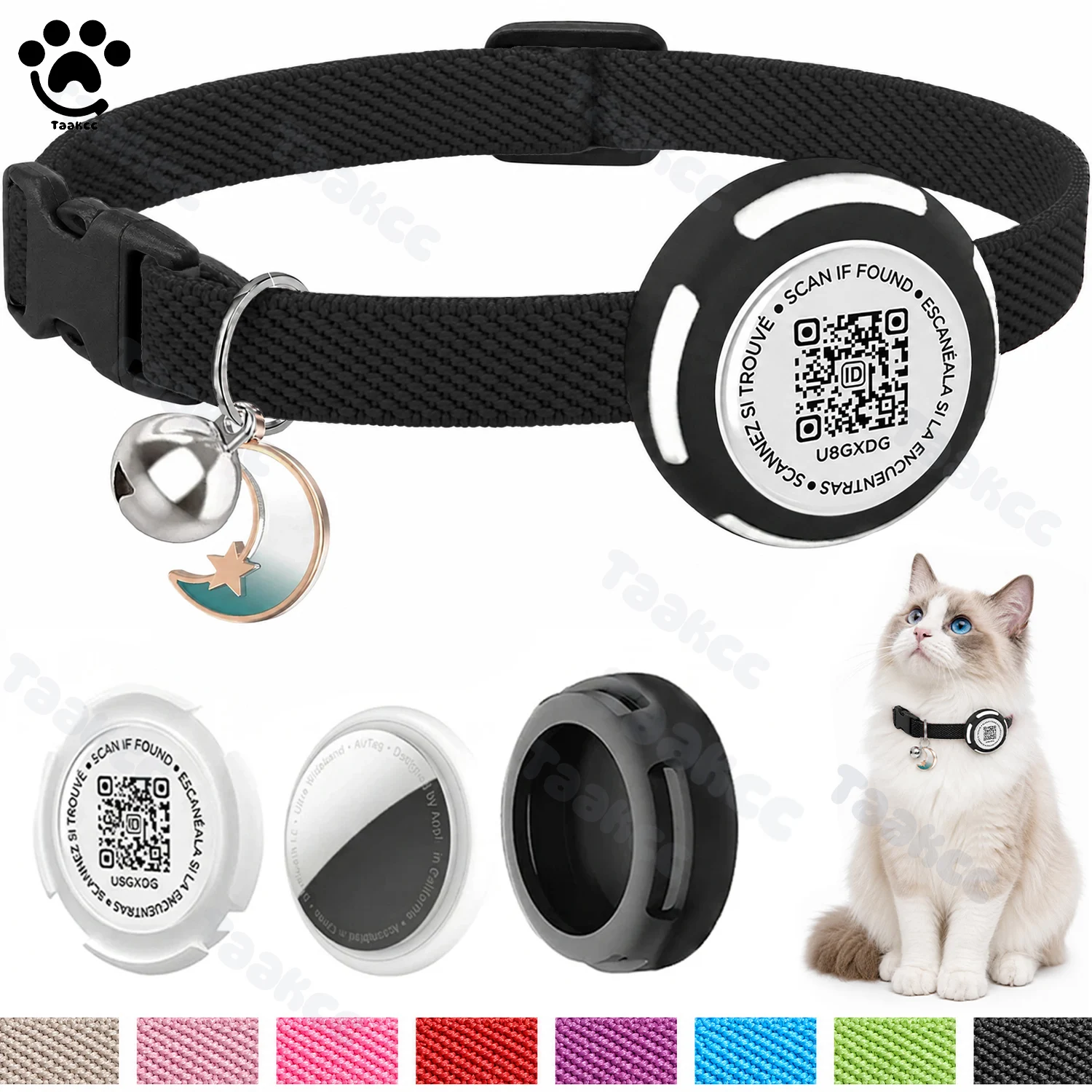 Elastic AirTag Cat Collar with Air Tag Holder (No AirTag Tracker) Pet Name QR Code Tag - Dual Protection Puppy Collar for Kitten