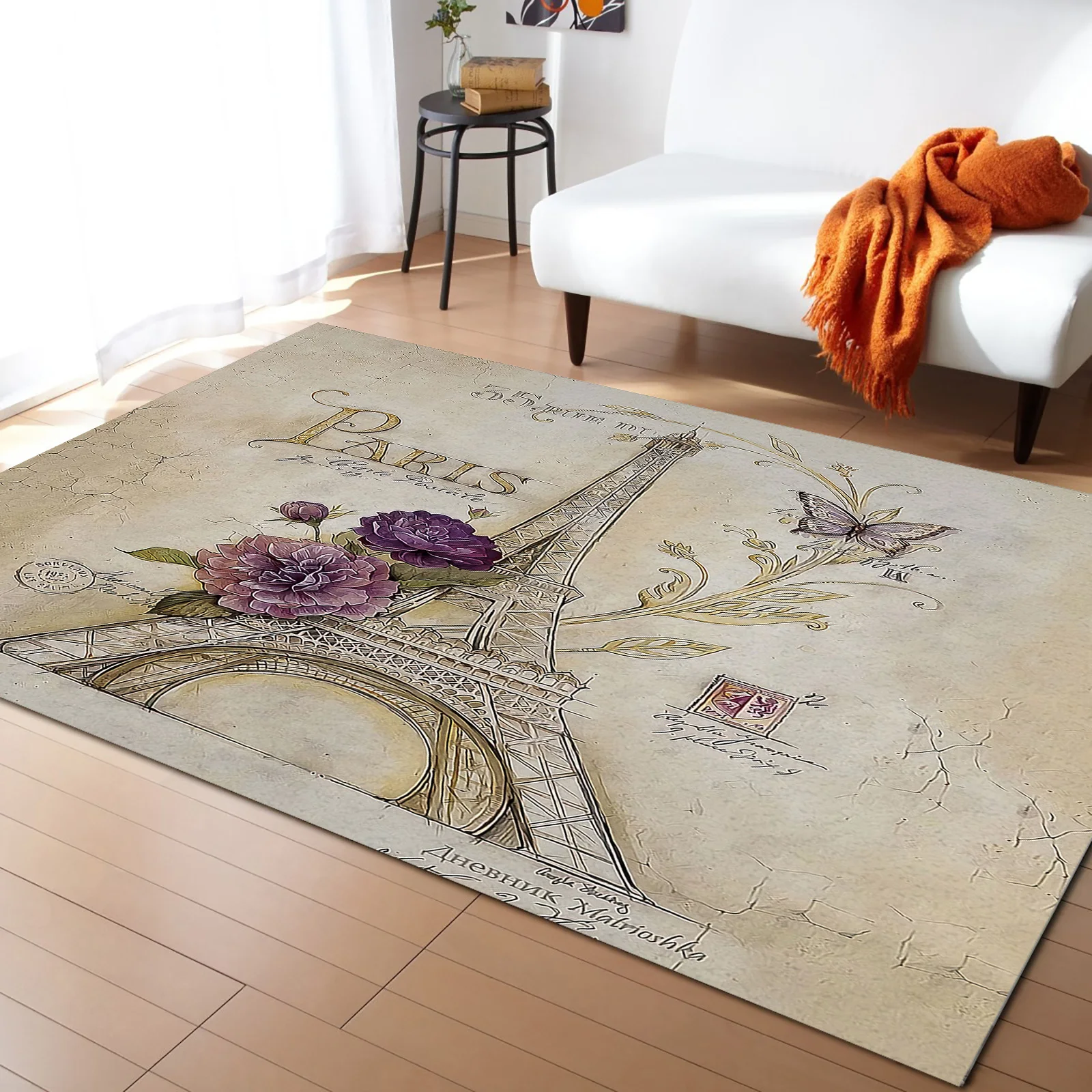 Eiffel Tower Flowers Butterfly Carpet Area Rug Children's Room Living Room Bedroom Large Rug Home Play Decoration Floor Mat