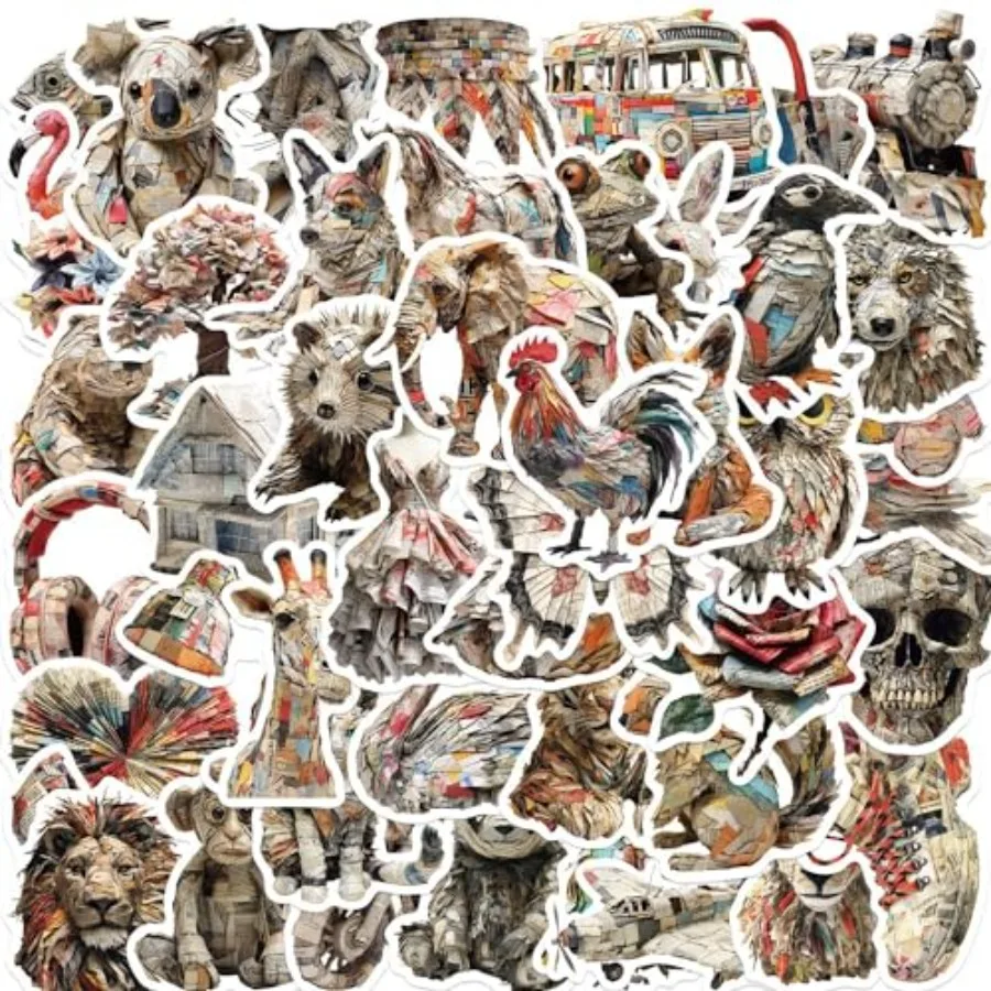 50-Piece Art Stickers - Creative Animal Collage Art Style Stickers for Scrapbooking, Journals, Laptops, Water Bottles