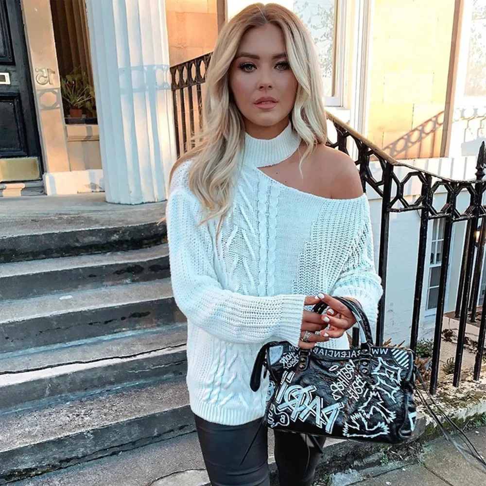 Women's Sweaters Long Sleeve Solid Loose Sweater Bare Shoulders Knitted Pullovers White Jumper  Oversized Sweaters