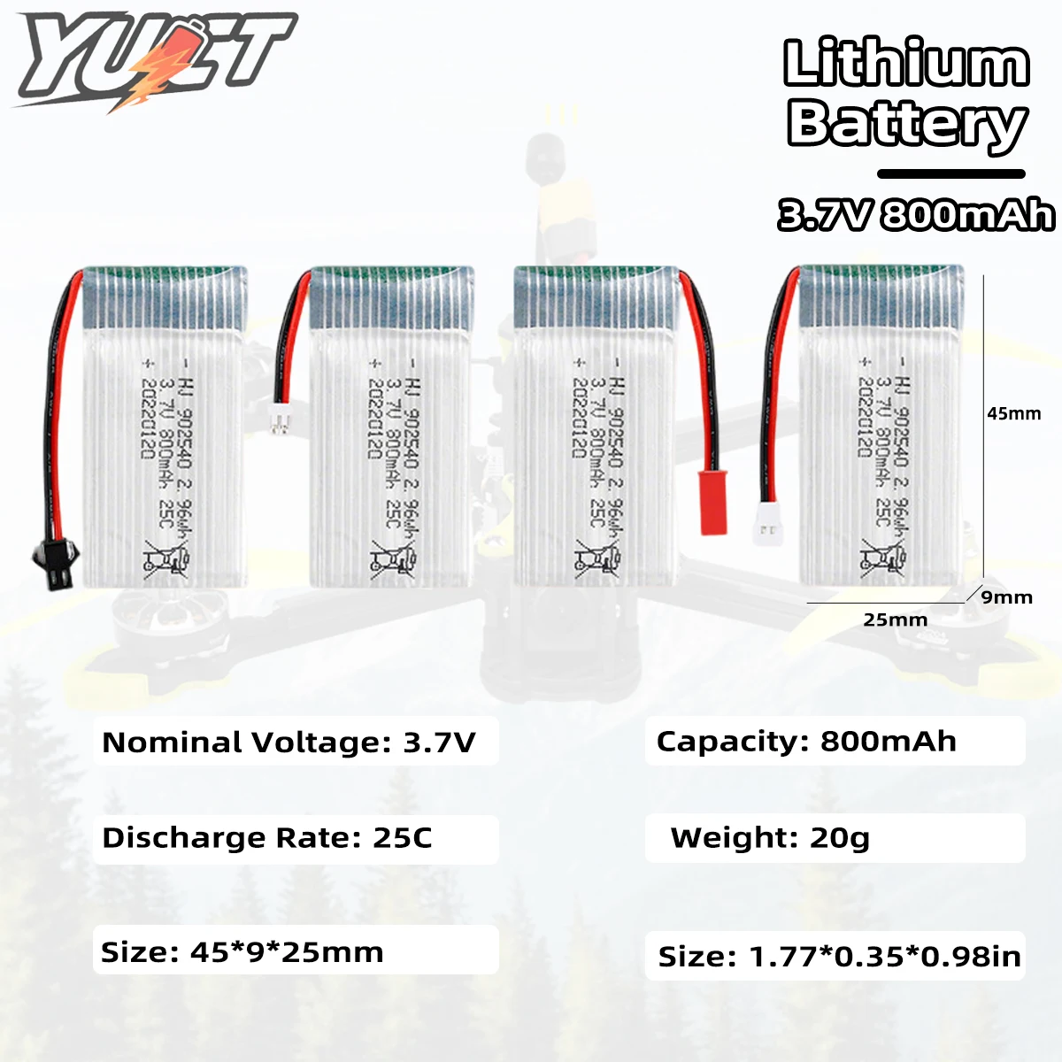 YUCT 3.7V แบตเตอรี่ลิเธียม 800mAh 25C สำหรับของเล่นสมาร์ทนาฬิกาอัจฉริยะควอดเตอร์เที่ยวบินแบตเตอรี่ลิโป้