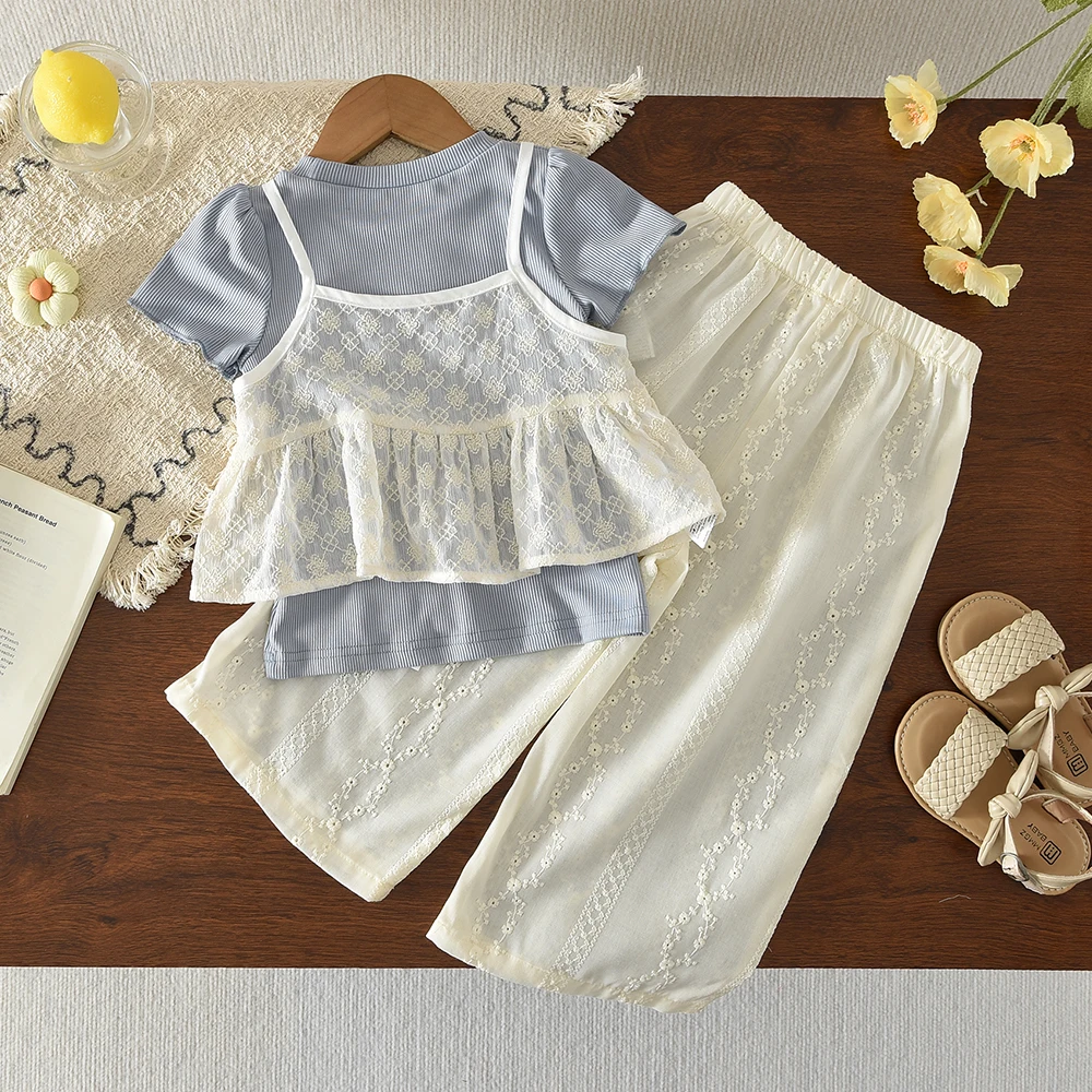 Sommerliche Freizeitkleidung für Mädchen von 3-7 Jahren: Blaues Kurzarm-Oberteil + Weiße Weste + Bedruckte Hose – Detail 4