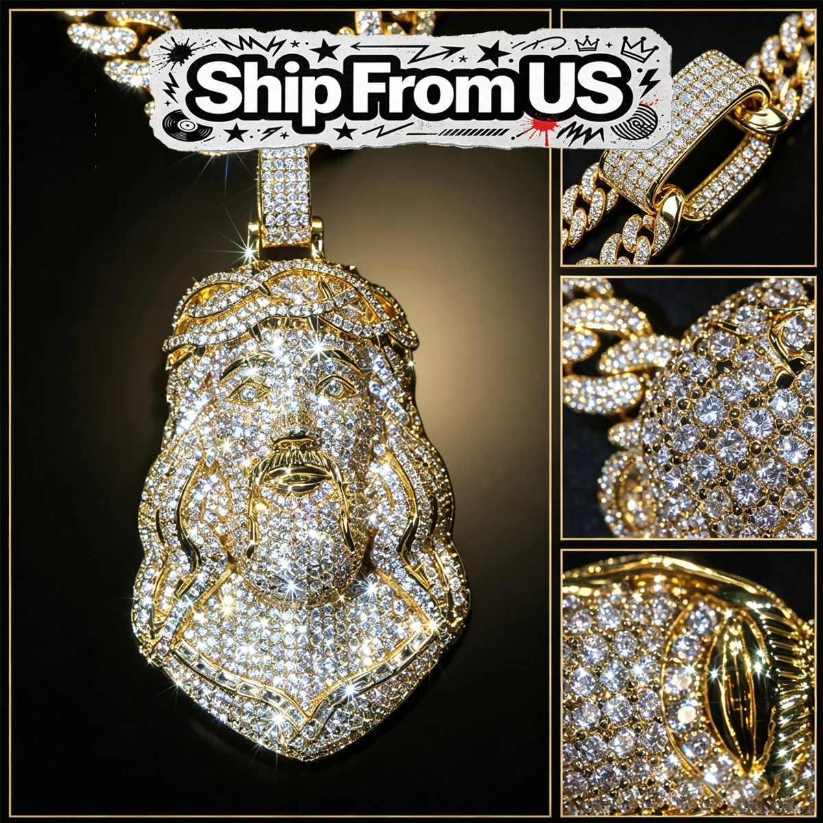 Hip Hop Jewelry Boy Bling Big Head Charm Miami Cuban Link Trendy Rap Streetwear Gift Religious Statement Shiny Micro Paved Zircon Punk Street Accessory For Men Rappers Fine Jewelry Gift  18K Gold Plated CZ Crown Of Thorns Iced Out Large Jesus Face Pendant