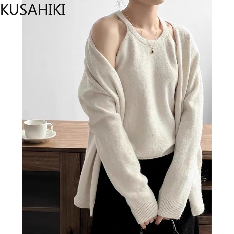 KUSAHIKI Korean Autumn French Hanging Neck Knitted Vest with Suspender + Single Breasted Long Sleeved Sweater Jacket for Women