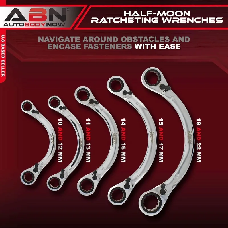 Double Box Ratcheting Wrench Set - 5pc Half-Moon Shaped Metric Wrench Set Double Ended Wrench Set from 10 to 22mm