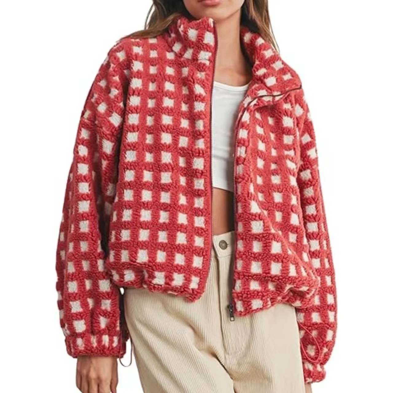 Women's Autumn Winter Vintage Plaid Jacket Fuzzy Zip Up Long Sleeve Warm Oversized Fluffy Cropped Jackets Coats Tops