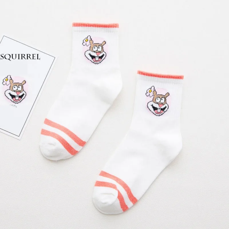 SpongeBob Cartoon Socks Women Girls Cute Street Fashion Mid-calf Socks Anime Sports Skateboard White Breathable Short Socks