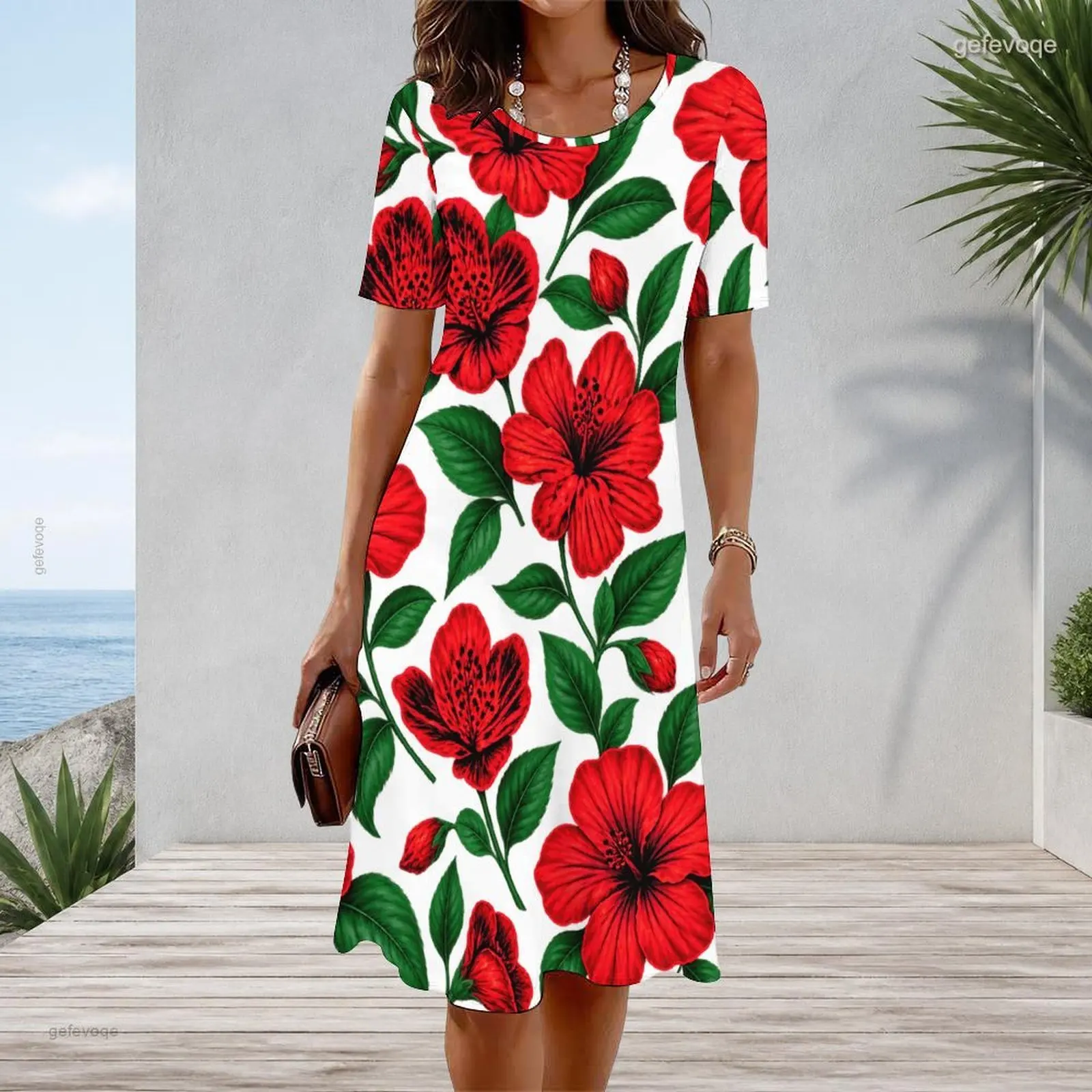 Women Round Neck Short Sleeve A Line Dress, Printed Red Hibiscus Flowers and Green Leaves on White Base