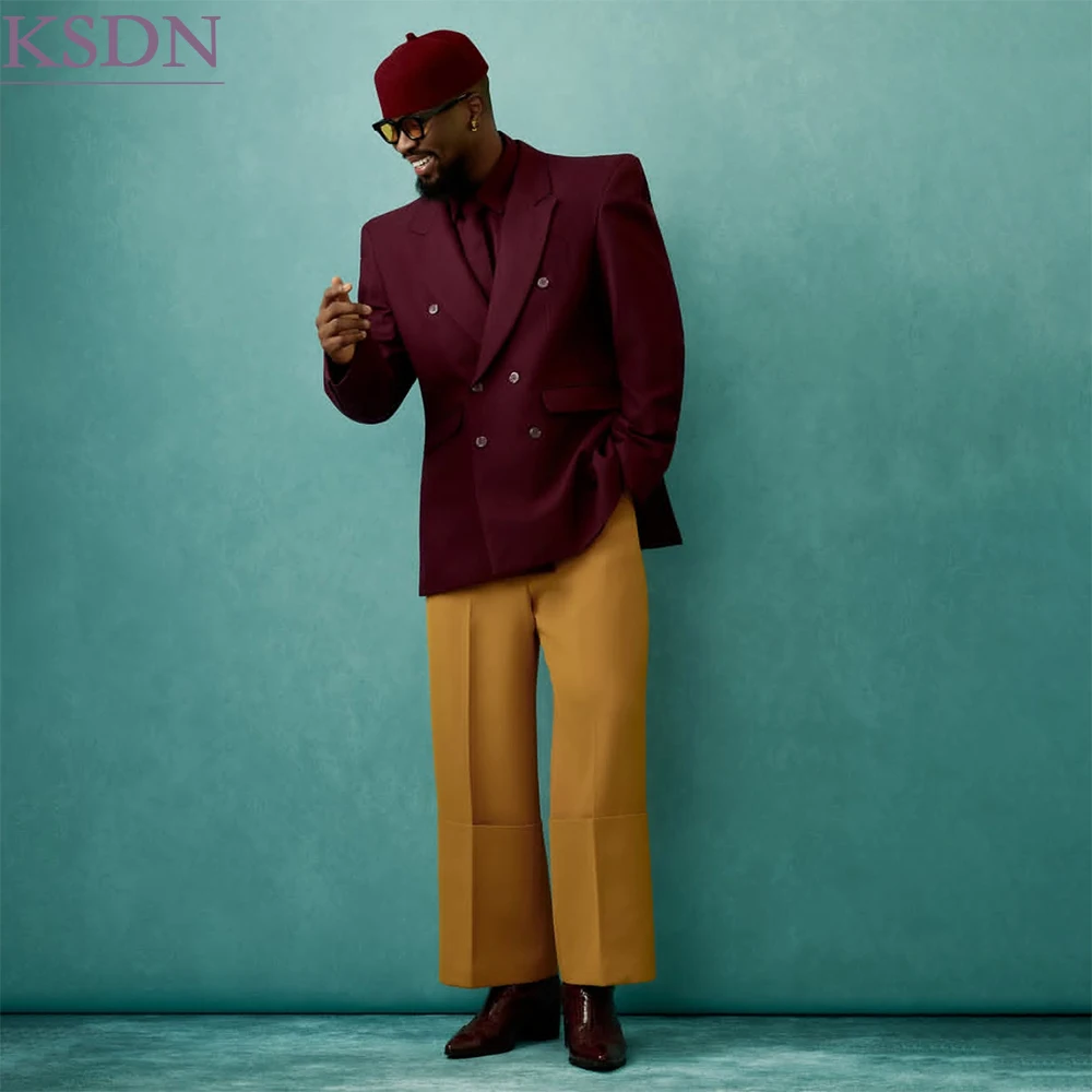 Vintage Men's Suits 2 Piece Jacket Pants Sets Formal Double Breasted Peak Lapel Loose Fit Male Clothing Costume Homme