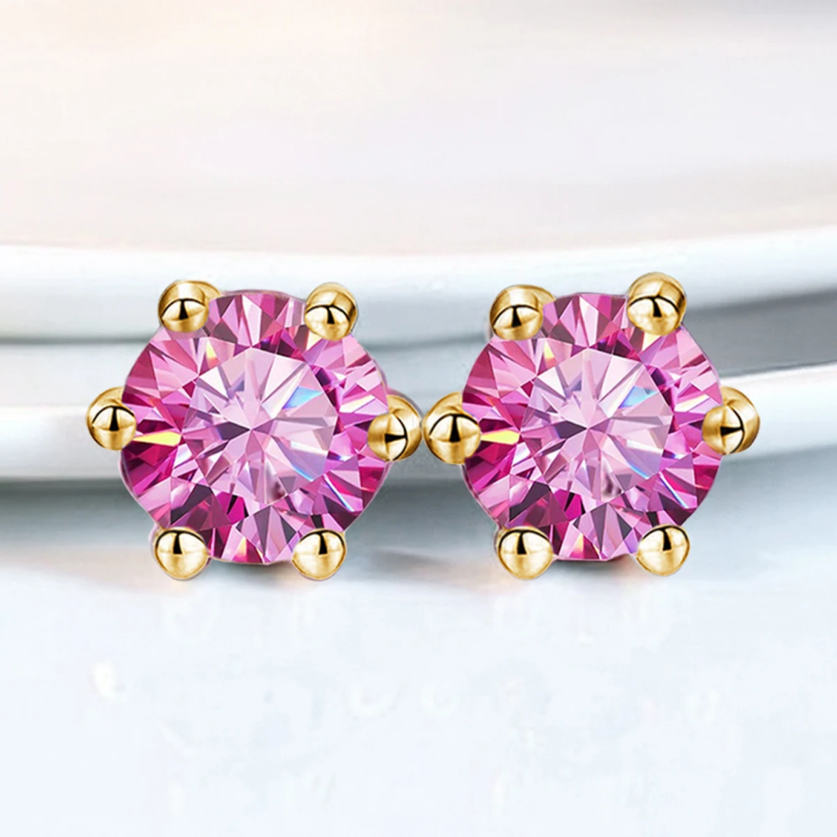 GRA 6.5mm/1ct Certified S925 sterling silver six-prong stud earrings Round Pink Moissanite earrings for women fine jewelry