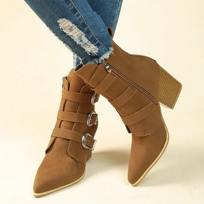 Vintage Ankle Boots for Women  Autumn New Pu Leather Block Heel Boots Woman Autumn Winter Platform Short Booties Big Size 43