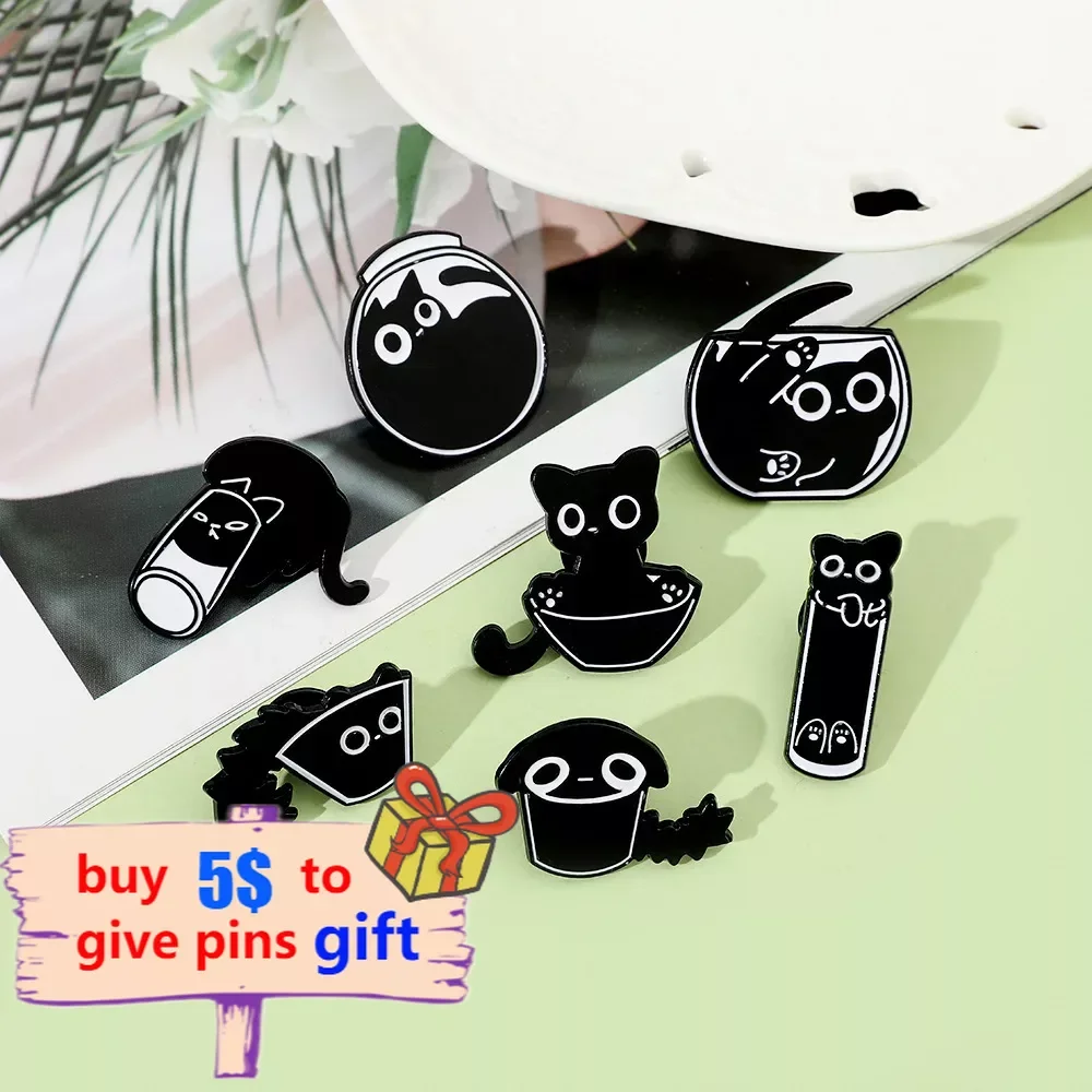 Fun Fish Tank Black Cat Enamel Pins Punk Animal Cartoon Brooch Lapel Badge Backpack Hat Clothes Collar Pin Accessories Cute Gift image 2