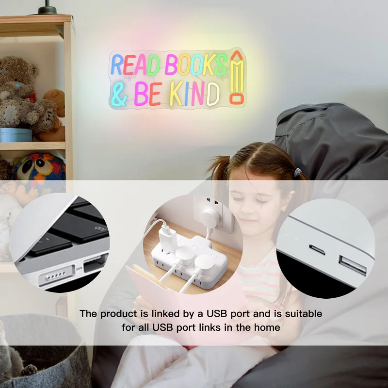 Neon Sign Read Books And Be Kind Wall Hanging Student Light Suitable USB for Classroom Bookstore Library Museum Study Room