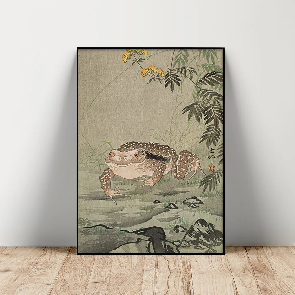 

Ohara Koson Art Print Poster Toad Next To A Flowering Plant Canvas Painting Frog Animal Wall Picture Decor